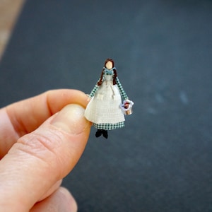 MADE TO ORDER: Handmade Miniature Doll, Pioneer Girl in Green with Lunch Pail (Laura)