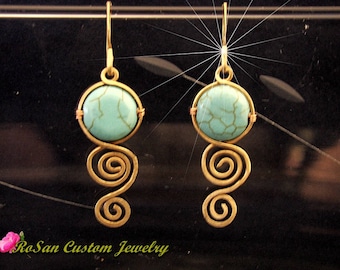 Turquoise and Brass Swirl Earrings,Handmade Wire Earrings,Brass goldtone turquoise earrings