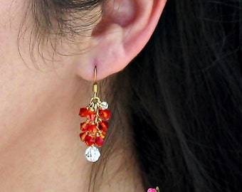 Fire Opal Swarovski Crystal Cluster Earrings in 14kt Gold,Swarovski Cluster Earrings,Orange Crystals