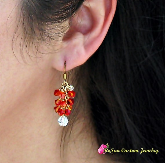 Fire Opal Swarovski Crystal Cluster Earrings in 14kt Gold,Swarovski Cluster Earrings,Orange Crystals