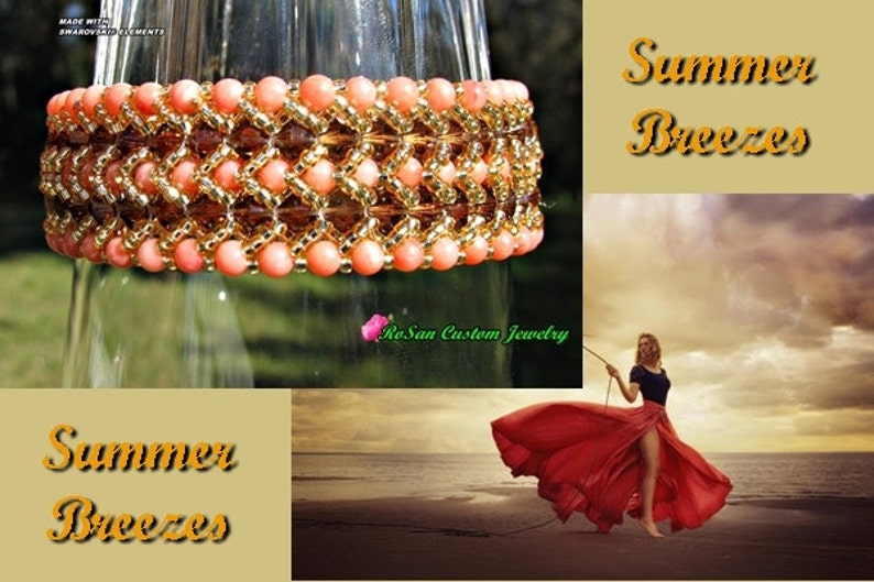 May include: A coral and gold beaded bracelet with a geometric design. The bracelet is displayed on a glass surface. The text "Summer Breezes" is visible in the image.