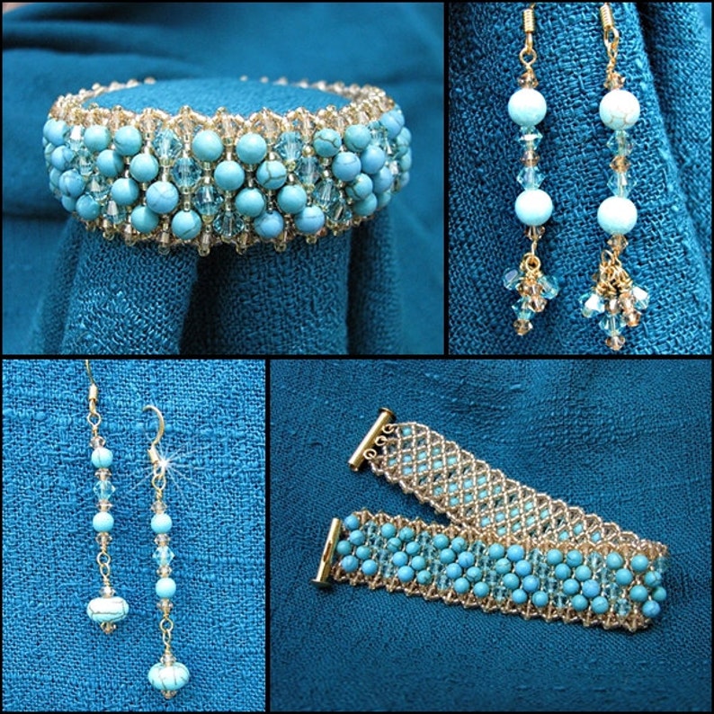 May include: A set of turquoise and crystal beaded jewellery, including a bracelet, a necklace, and a pair of earrings. The jewellery is made with gold-toned metal accents.