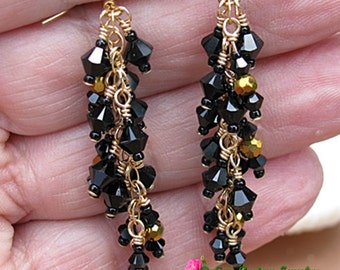 Jet Swarovski Cluster Earrings in 14kt Gold,Wedding earrings,Bridal jewelry,jewelry for women,black earrings,diamond