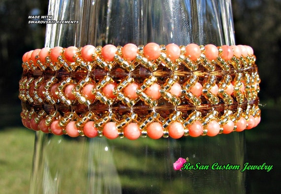 Swarovski Bracelet,Coral and Topaz Swarovski Crystal Cuff bracelet in 14kt gold filled,mothersday,birthday,teen bracelet,women's bracelet