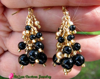 Black Onyx and Gold Swarovski Pearl Inverted Cluster Earrings in 14kt gold,bridal earrings,mother-of-the-bride,jewelry for women