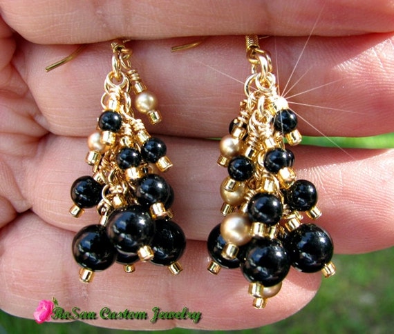Black Onyx and Gold Swarovski Pearl Inverted Cluster Earrings in 14kt gold,bridal earrings,mother-of-the-bride,jewelry for women