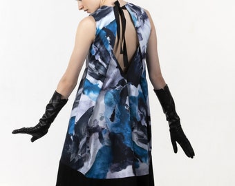 Blue-black-white dress with black details, sleeveless, bare back