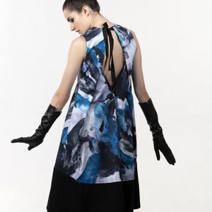 Blue-black-white dress with black details, sleeveless, bare back