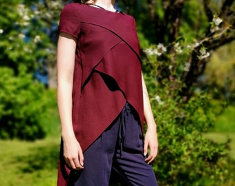 Bordeaux rayon tunic, short sleeves, longer back