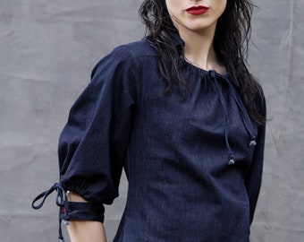 Dark blue denim dress, gathered sleeves and neckline