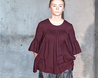 Bordeaux pleated, folded blouse, short sleeves