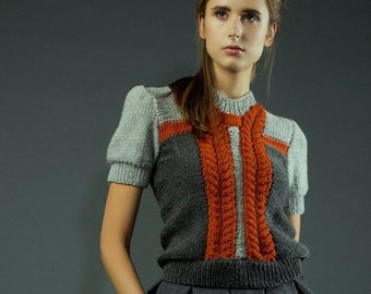 Grey and dark orange handknitted top