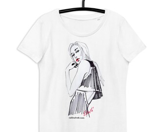 Getailleerd Eco-T-shirt voor dames, handgetekende mode illustratie print