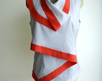 White blouse, red stripe, sleeveless, draped