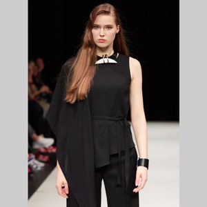 Black asymmertical rayon top with tied belt image 6