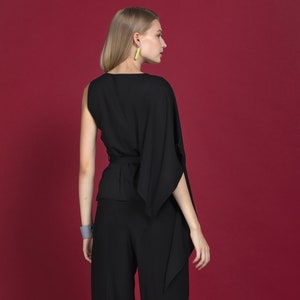 Black asymmertical rayon top with tied belt image 3