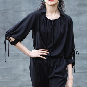 Black rayon blouse, gathered sleeves and neckline image 2