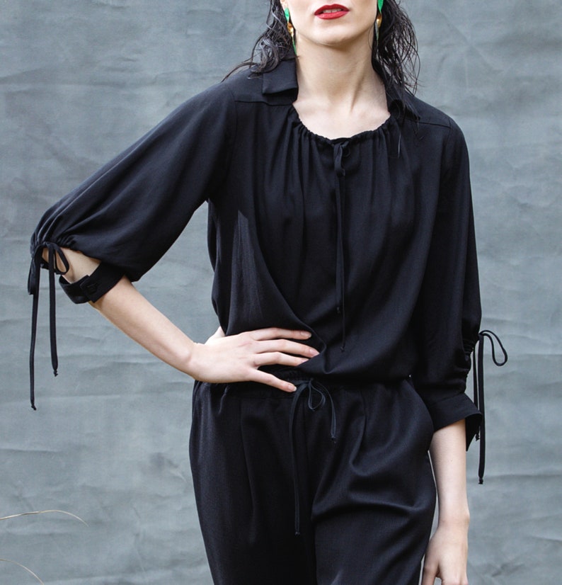 Black rayon blouse, gathered sleeves and neckline image 2