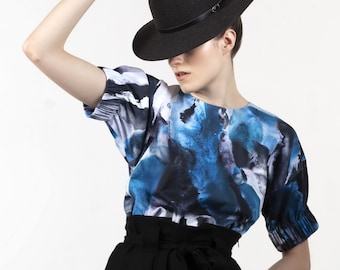 Blue black white cotton satin blouse, batwing