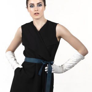 Black wrap dress, sleeveless, dark green belt and detail on back image 3