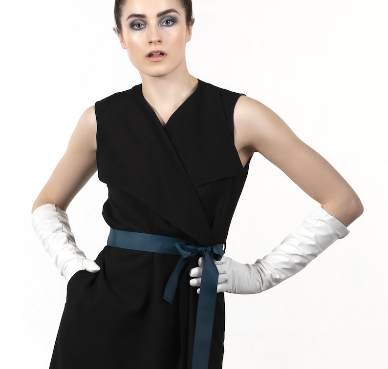 Black wrap dress, sleeveless, dark green belt and detail on back image 3