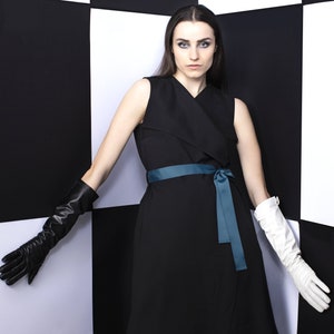 Black wrap dress, sleeveless, dark green belt and detail on back image 7