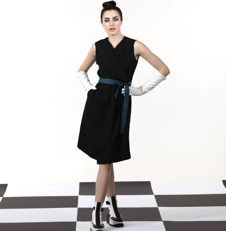 Black wrap dress, sleeveless, dark green belt and detail on back image 6