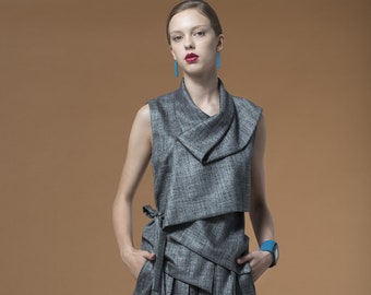 Dark grey vest, draped front and collar