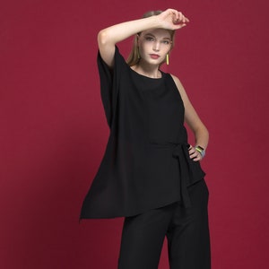 Black asymmertical rayon top with tied belt image 2