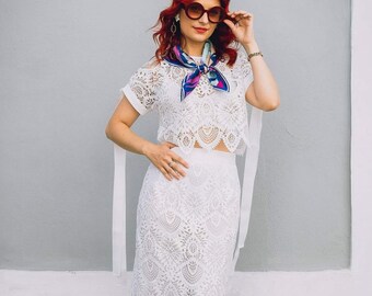 Falda tubo de encaje blanco, para novia