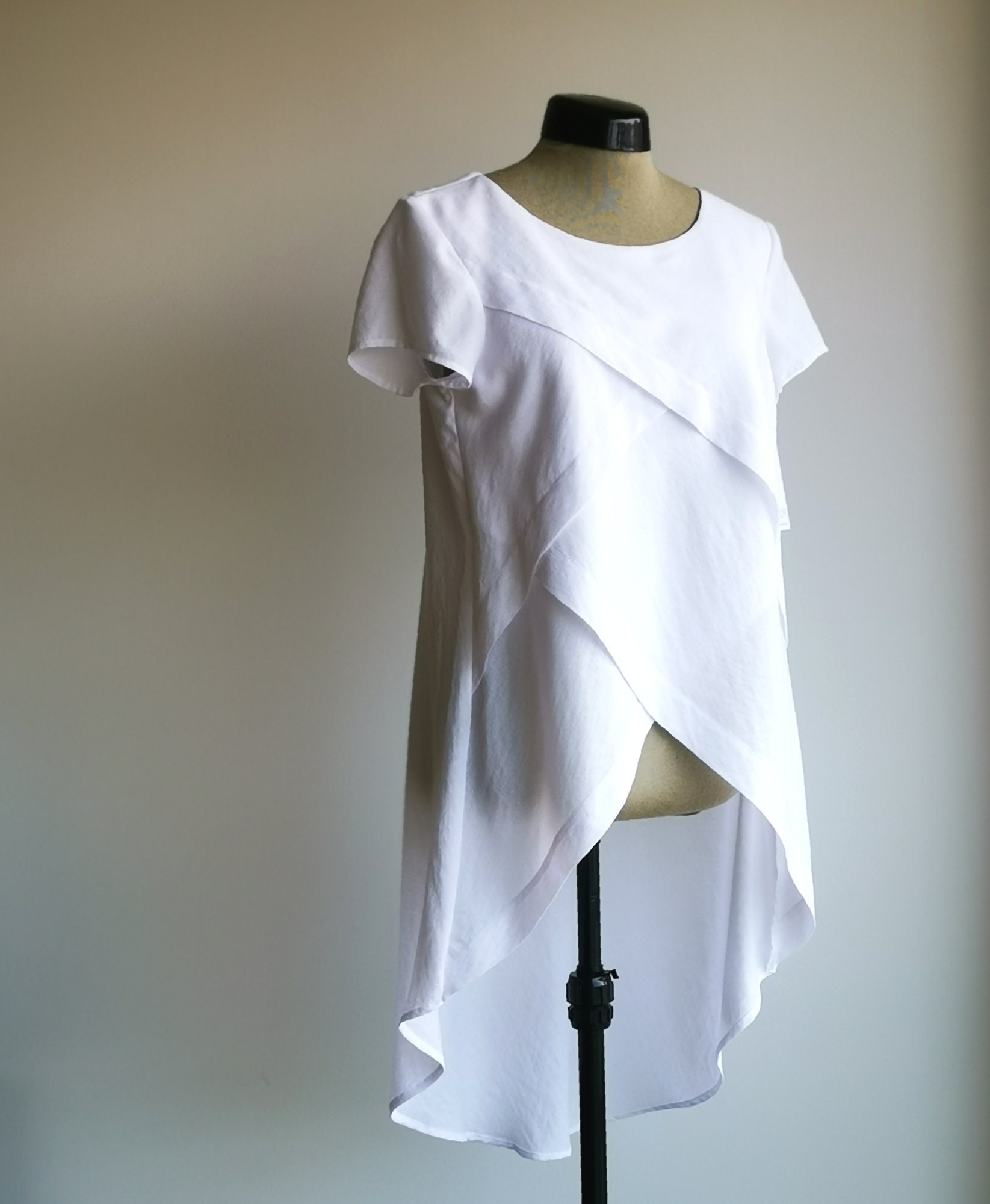 White Rayon Tunic Short Sleeves Longer Back Layered Front - Etsy