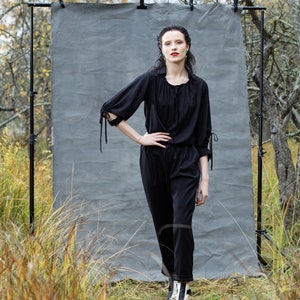 Black rayon blouse, gathered sleeves and neckline image 6