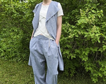 Light blue linen wrap dress, sleeveless, grey detail on back