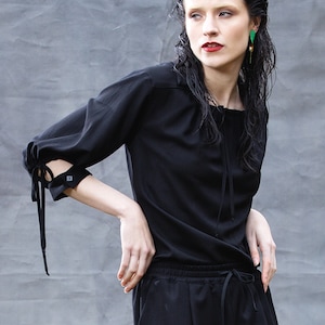 Black rayon blouse, gathered sleeves and neckline image 1