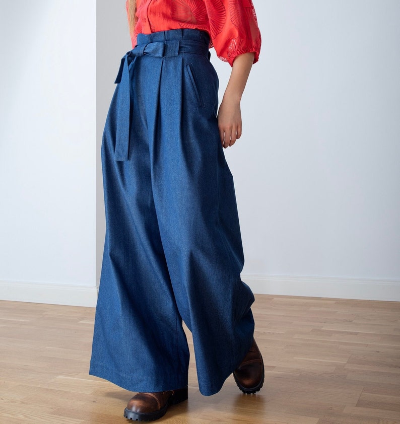 Blue denim, wide pants, high waist image 1