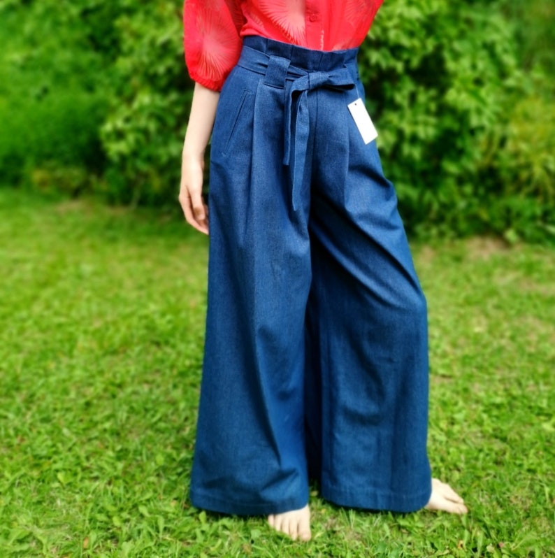 Blue denim, wide pants, high waist image 3