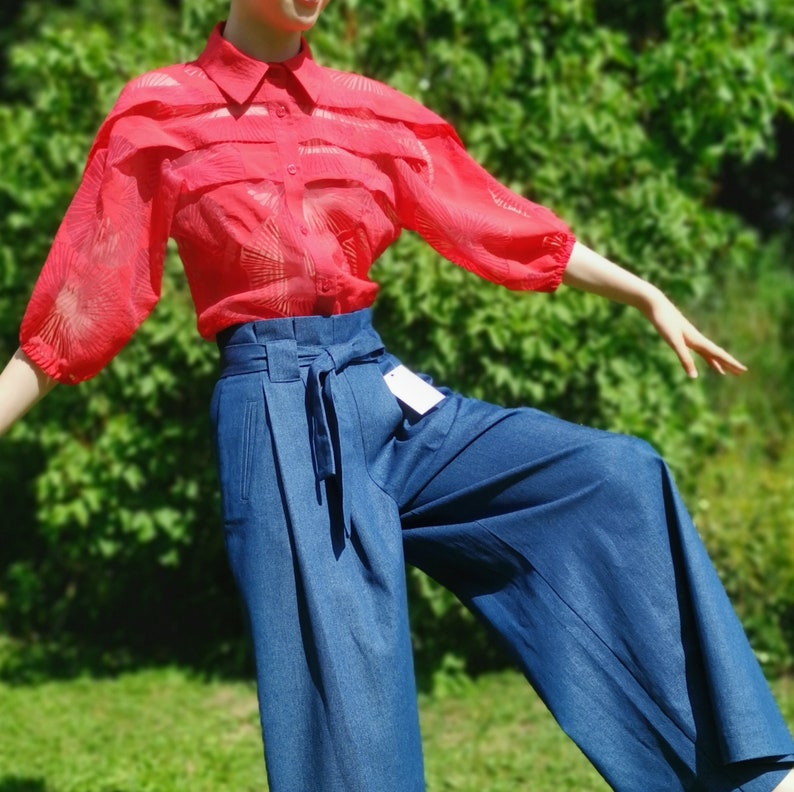 Blue denim, wide pants, high waist image 6