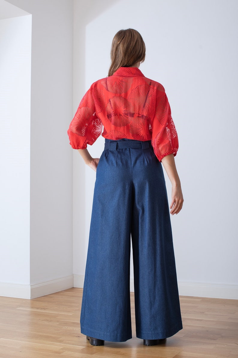 Blue denim, wide pants, high waist image 2