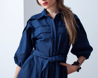 Robe chemise en jean bleu foncé, demi manches