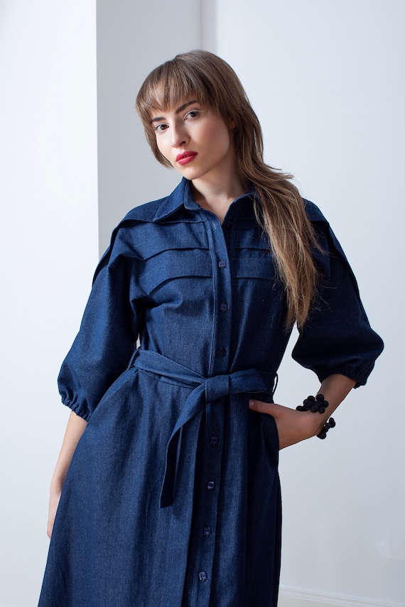 Dark Blue Denim Shirtdress, Half Sleeves