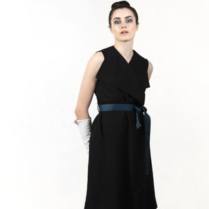 Black wrap dress, sleeveless, dark green belt and detail on back image 4