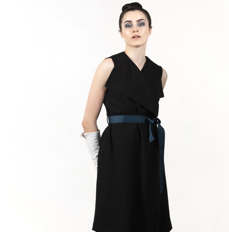 Black wrap dress, sleeveless, dark green belt and detail on back image 4