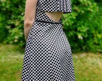 Pleated little black and white dress, pleated back detail