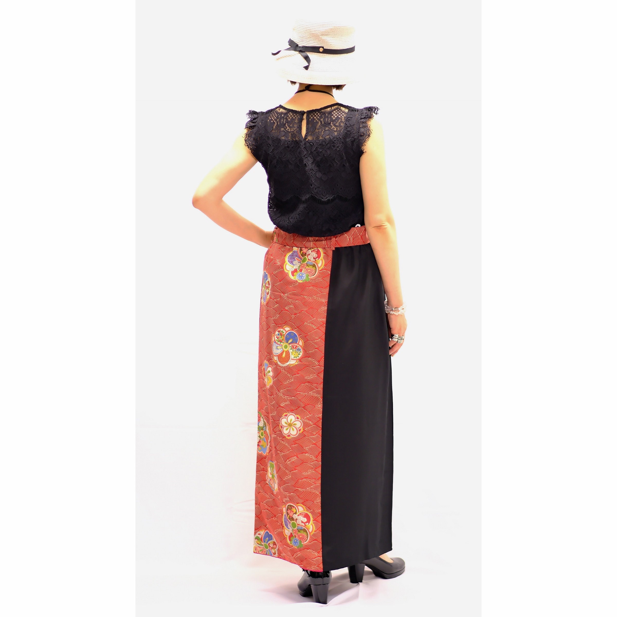 [nuuanu ] / ☆ Suvi Long Skirt / Red Red Kimono Skirt, Kimono Long Skirt, Japanese Kimono Skirt