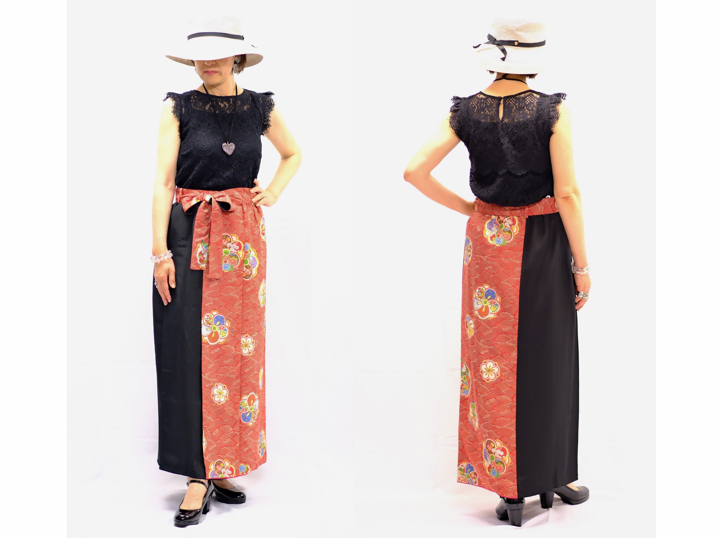 [nuuanu ] / ☆ Suvi Long Skirt / Red Red Kimono Skirt, Kimono Long Skirt, Japanese Kimono Skirt