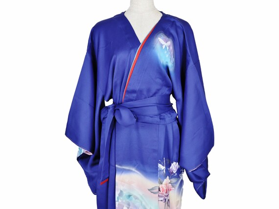 Kimono Remake Dress Marine Blue With Rose From Japan - Etsy