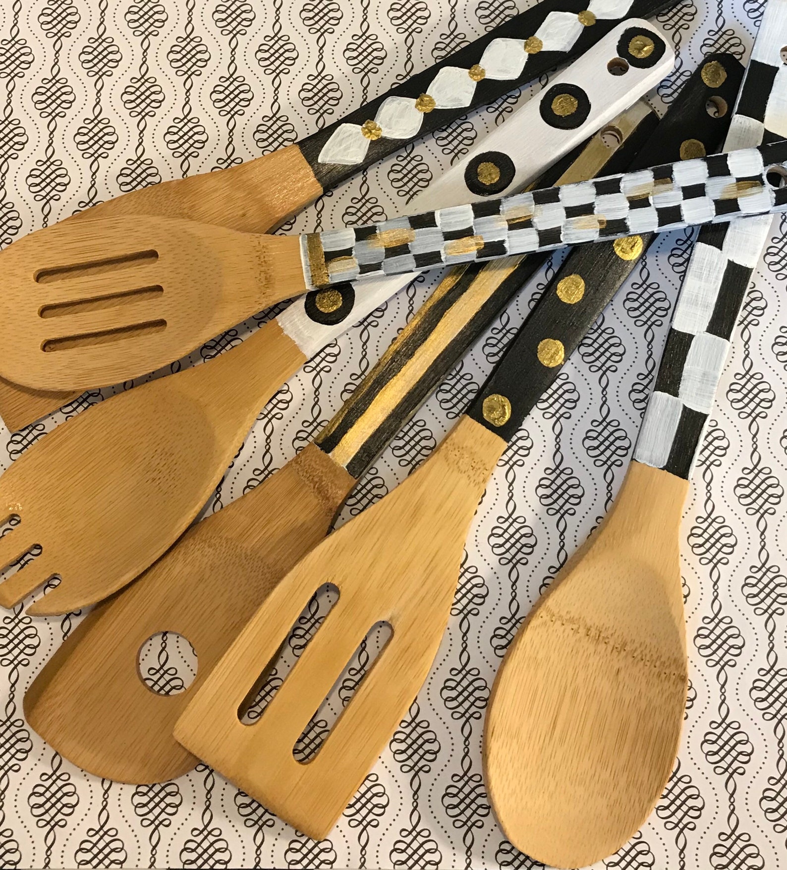 Bamboo Utensils 6 Piece Set 12 hand painted handles Etsy