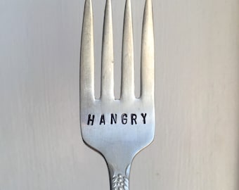Hangry Fork, hangry, upcycled vintage silver fork, hand stamped fork, gift for him, gift for guys, mother's day, mother's day gift