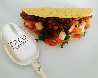 Taco Tuesday, serving spoon, tacos, salsa, guacamole, chips and guac, fiesta, hostess, foodie