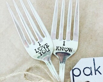 i love you i know, Hand Stamped Vintage Silver Plated Forks, Wedding Sets, Engagement Gift, Bridal Shower Gift, Bridal Gift, star wars